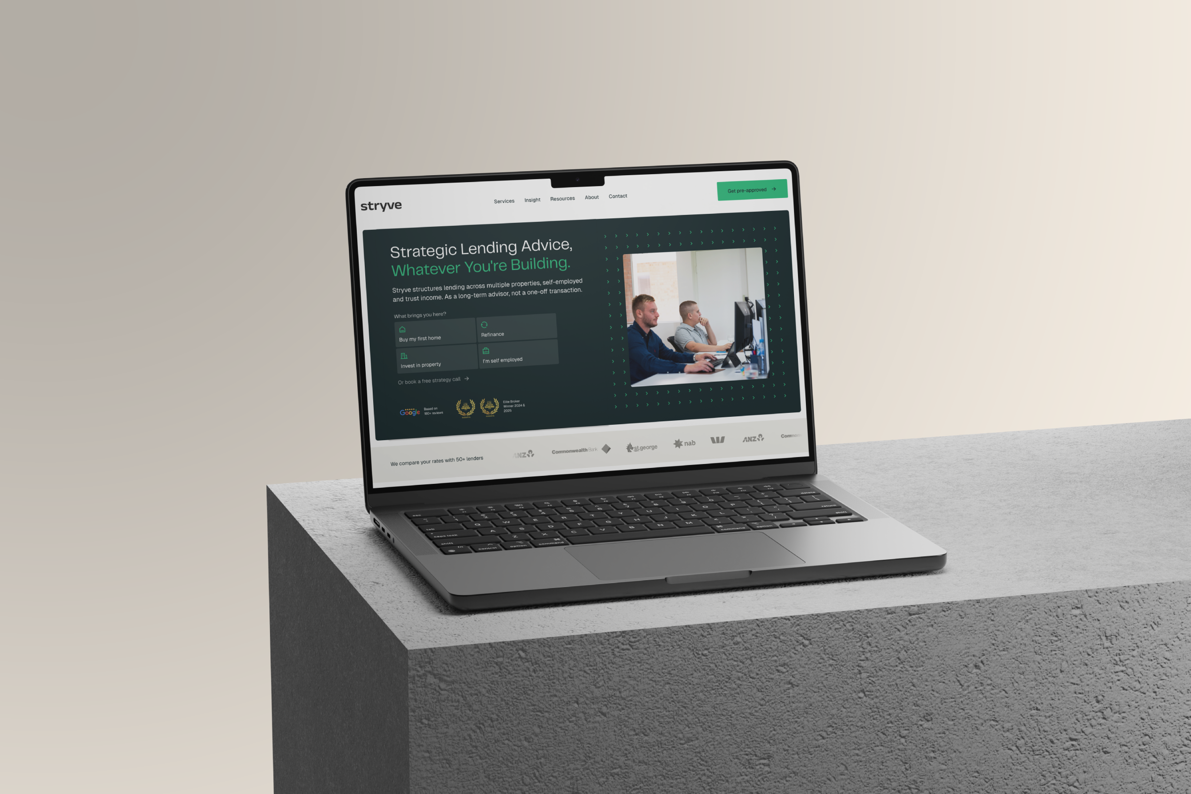 Redesigned Stryve Finance homepage with the lending-advice hero