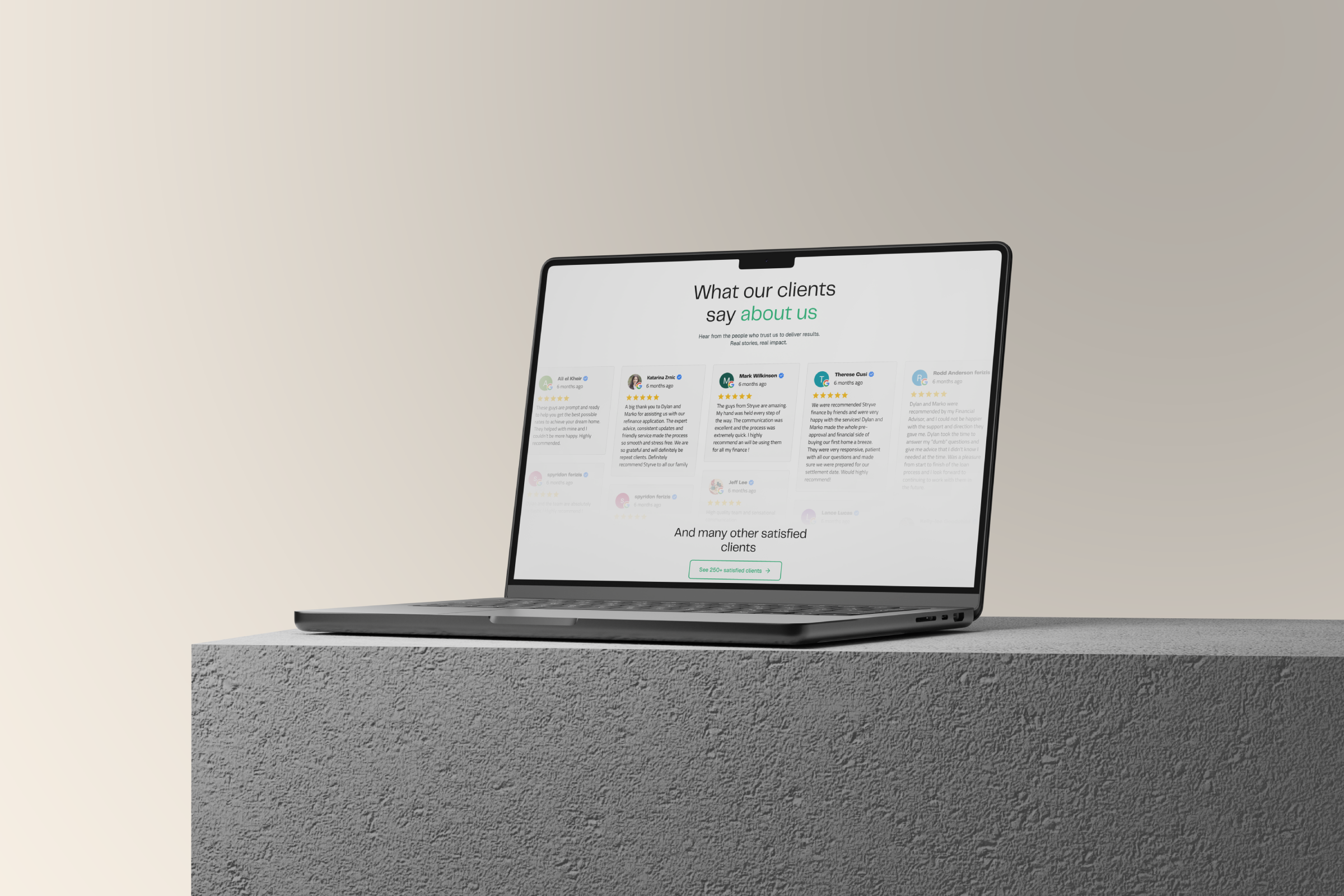 Stryve client testimonials wall with Google review cards